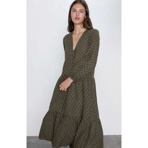 Zara Olive Polka Dot Midi Dress